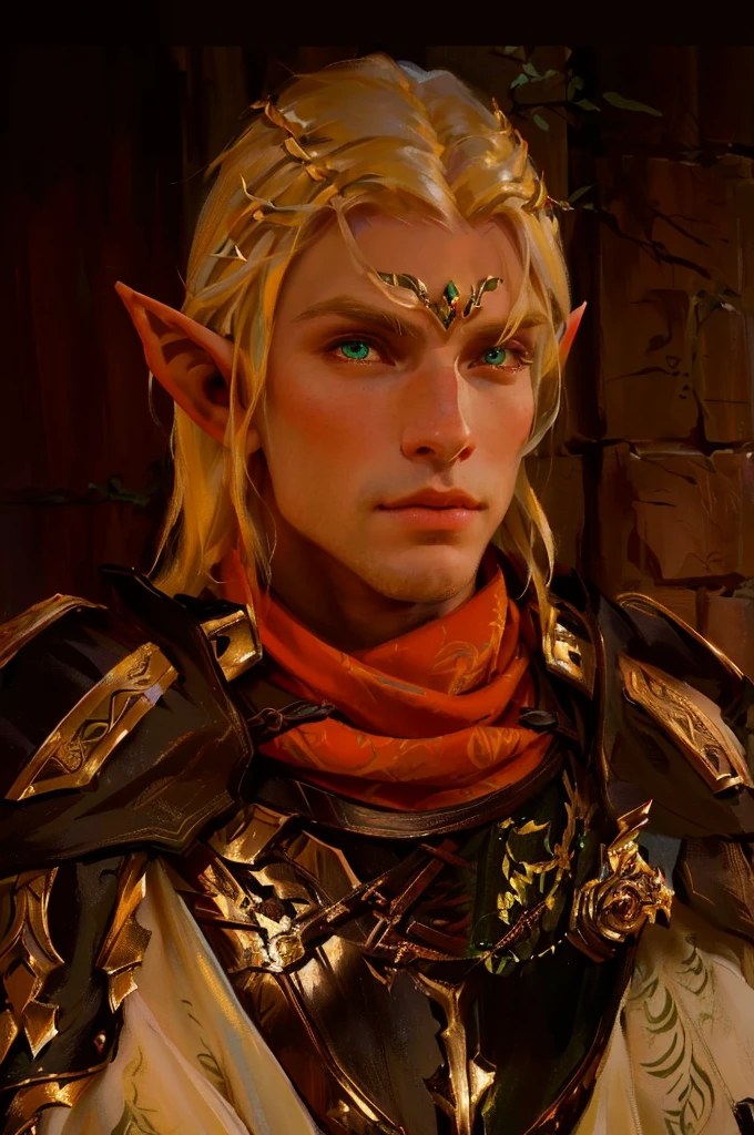 elf male, long blond hair, green eyes, elven character, brown tree tattoo on his forehead, a middle aged elf, male blonde elf ranger, a male elf, elven male, of an elden ring elf, dragon age inquisition, a portrait of a male elf,  elvish blonde male warrior, wearing armor, Ultrarealistic medieval dark fantasy male elf warrior. fine details, candle lighting, warm weather, [shadows], photographed on a Nikon D850, 50mm F/5.6 lens, ISO 100, HDR, 8k, highly detailed, sharp focus, Cinestill 800T, film still from Kingdom of Heaven, front view, eye focus,