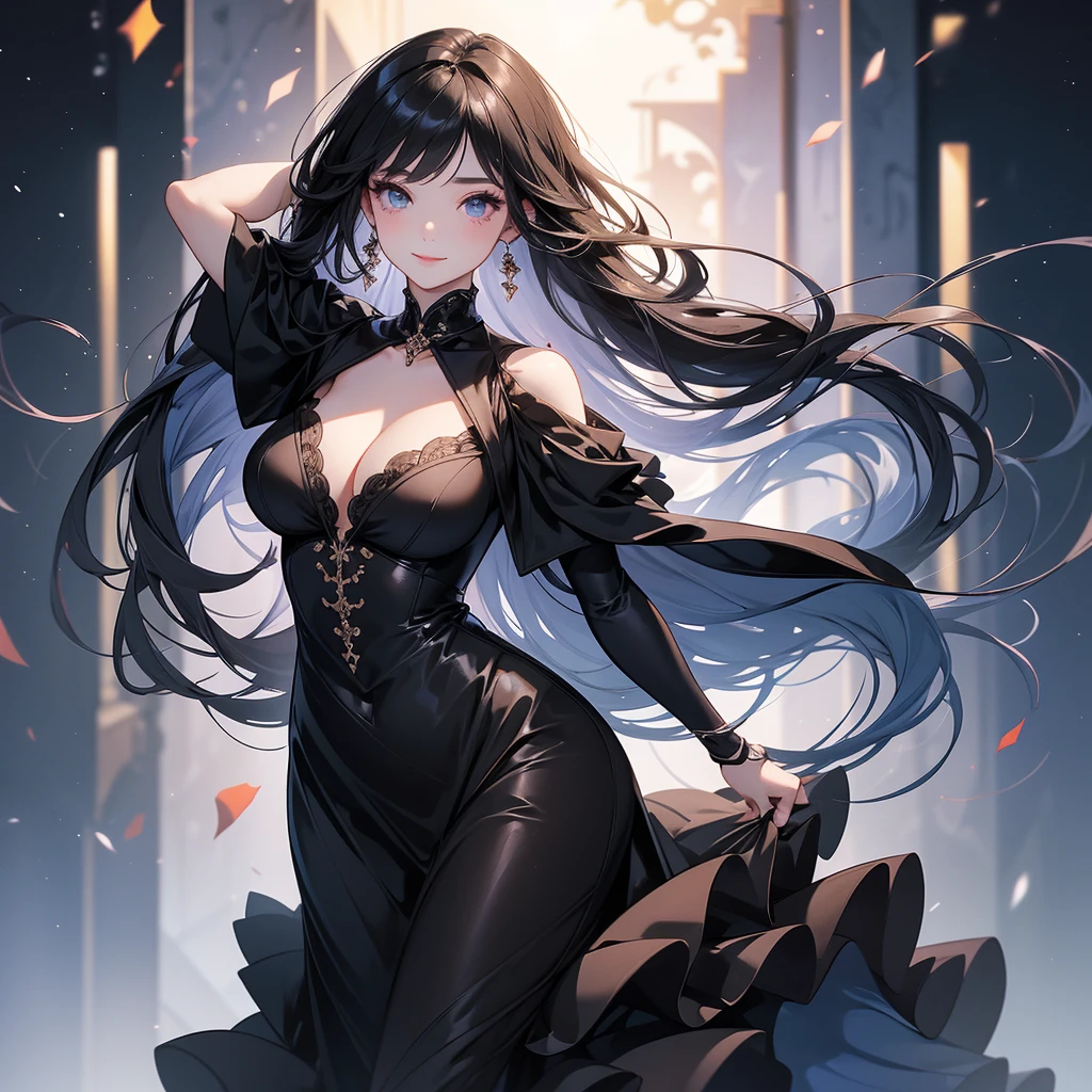 Cool girl with big 、Gorgeous hairstyle with black hair、A gorgeous black dress with lots of frills that shows off your body line、Smiling with arms behind head、evening、super high quality、Highest quality、Masterpiece、Accurately depict the body structure、High angle