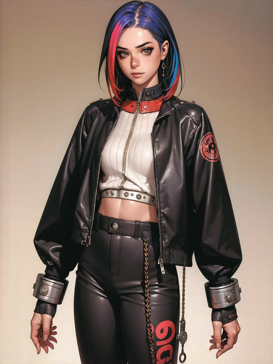 (((best qualityer))), (((manga strokes))), (((colorful punk hair))), jacket with rivets and screws, uma Kizi jovem muito bem vestida com roupas modernas de inverno, pants with red and black zig-zag pattern, top gift vertical stripes, short jacket with dark fur collar, beautiful and expressive face, slightly-smile, big eyes with long black eyelashes, heavy make-up, chains and zippers spread across clothes, contrasting colours, pose de atitude, hair with a modern and futuristic cut, urban game poster art, dramatic camera angles, graffiti art elements in the background, design mixing contemporary and retro by Shepard Fairey, (((cowboy shot))), (((best qualityer: 1.4))), (Unbeatable masterpiece), (hiper HD),(CG 8k hyper-realistic), Kizi, (((standing alone))), pirralha violent, ((())), sexly, pose de atitude, work of art, post-apocalypse, (((manga style))), bounty hunter, violent, Manic, the way you want, slenderbody, thin but strong, perfectbody, roupa moderna, advanced technology, neon, sleeves with vertical striped pattern, neutral background, (( cowboy shot )). intricate visual