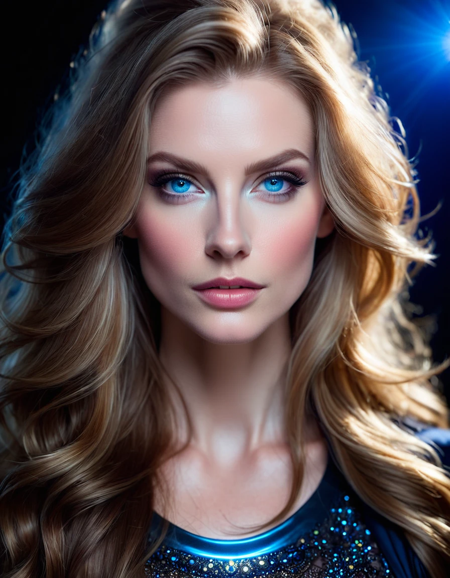HIBRID FACE FROM Danielle Chuchran AND ANITA ECKBERG, CLOSE-UP FACESHOT, HUGE LONG HAIR, HIGH CHEEKBONES, ROSY SKIN, VERY PALE SKIN, EXPRESSIVE BLUE EYES, DARK BACKGROUND, DIFFUSED LIGHTS ON FACE, MASTER PIECE, ACCURATE IMAGE.