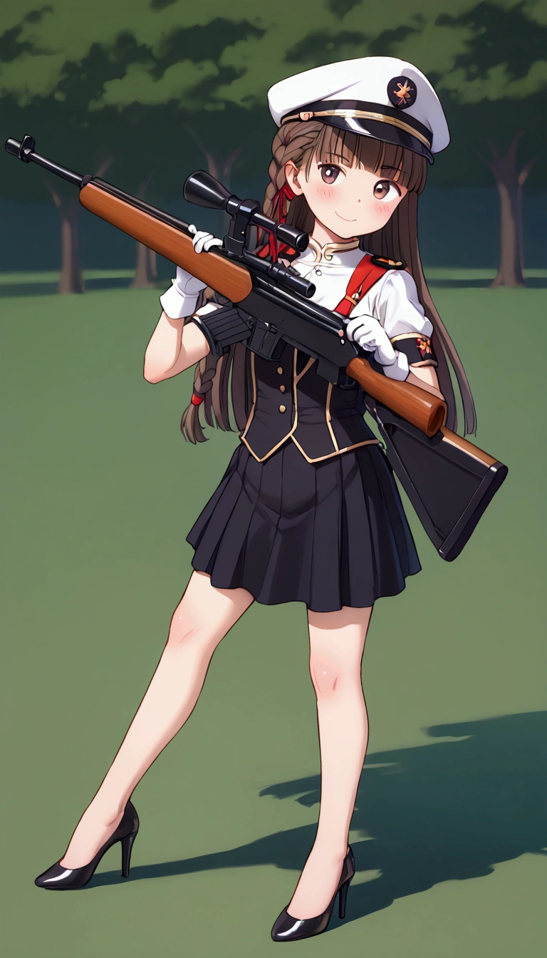 {Highest quality}, {Super beautiful},{Ultra fine},{Best illustration},Brown Hair,Hime cut,long hair,Braid,One woman,Standing Woman,Strike a pose,smile,smilingly,Uniform cap,White Shirt,Short sleeve,Long black skirt,White gloves,at the park,Blushing,Slender,Black stiletto heels,barefoot,from the front,With a sniper rifle