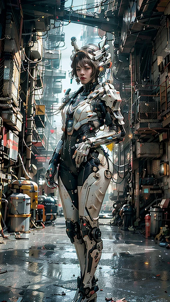 ((Highest quality)), ((masterpiece)), ((Realistic)), (detailed), (photoRealistic:1.5), Futuristic Girl, (Thick body), (White bodysuit), Lights on Armor, Cybernetic Headwear, View your viewers, Dynamic pose, Post-apocalyptic, Destroyed city background, The building is on fire, sf, High resolution, Ray Tracing, NVIDIA, Super Resolution, Unreal 5, Scattered beneath the surface, PBR Texturing, Post-processing, Anisotropic Filtering, Depth of written boundary, Maximum clarity and sharpness, Three-part method, 8K RAW, (Luminous Particles:1.4), (extremely detailed cg, unity 8k wallpaper, 3d, Cinema Lighting, Lens flare), reflection, Sharp focus, Cyberpunk art, Cyberpunk architecture,
