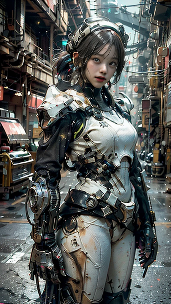 ((Highest quality)), ((masterpiece)), ((Realistic)), (detailed), (photoRealistic:1.5), Futuristic Girl, (Thick body), (White bodysuit), Lights on Armor, Cybernetic Headwear, View your viewers, Dynamic pose, Post-apocalyptic, Destroyed city background, The building is on fire, sf, High resolution, Ray Tracing, NVIDIA, Super Resolution, Unreal 5, Scattered beneath the surface, PBR Texturing, Post-processing, Anisotropic Filtering, Depth of written boundary, Maximum clarity and sharpness, Three-part method, 8K RAW, (Luminous Particles:1.4), (extremely detailed cg, unity 8k wallpaper, 3d, Cinema Lighting, Lens flare), reflection, Sharp focus, Cyberpunk art, Cyberpunk architecture,