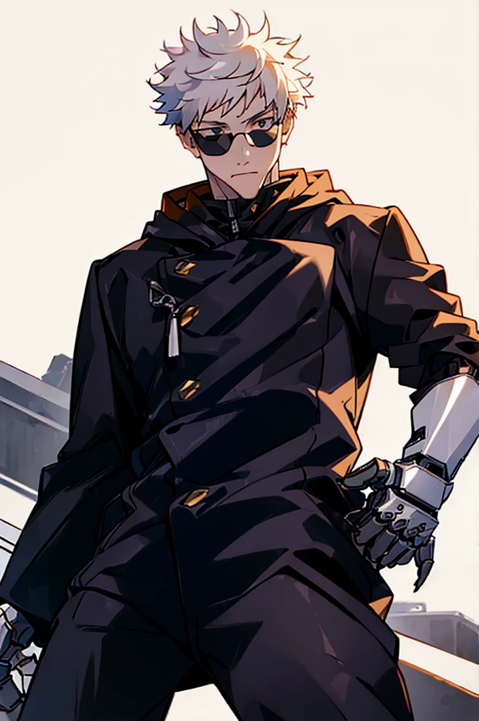 ((illustration)), (best quality)), ((masterpiece)), (detailed), adult, 1male, white hair,  jacket, black gloves, coat, sunglasses, leather, mechanical arms, claws, robot arms, solo, 1boy,