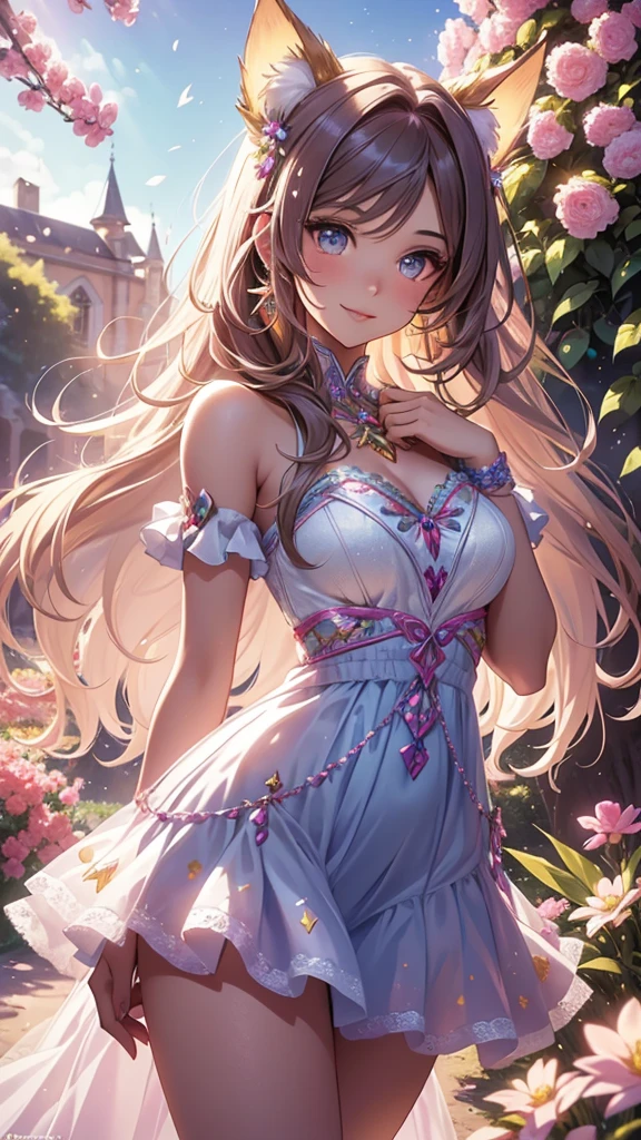 A beautiful girl walking in a garden while contemplating the flowers, anime girl, (20 year old girl:1.3), beautiful garden full of flowers and trees, blue sky with white clouds, butterflies around, cute elegant dress, short sleeves, shows shoulders, heels, jewelry, (earrings, necklace, bracelet), big round breasts, dark brown hair, french braid, long hair, ponytail, wavy hair, swept bangs, shiny hair, hairclip, hair ribbon, aqua eyes, glowing eyes, pupils sparkling, light smile, blush, happy, red lips, detailed face, slim waist, shapely legs, beautiful thighs, perfect body, princess dress, anime CG style, high definition, natural light, high detail, anime, dithering, from behind, three quarter view, image fill, perspective, Wide-Angle, f/1.8, 85mm, Sony FE GM, 8k, 8k wallpaper, super detail, highly detailed CG, UHD, retina, masterpiece, accurate, anatomically correct, textured skin, highres, best quality:1.3, 16k
