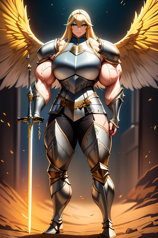 ((((Massive, tall, beautiful, buff, muscular light brown skinned female knight with yellow hair, black lipstick, huge angle wings, ginormous bulky muscles, holding a sword and shield and wearing an all yellow gleaming knight armor with hauberk and pants)))), {close view}, black eyeliner, massive muscles, massive biceps, hyper muscle triceps, (long flowing hair), gray eyes, giant angel wings, knight boots, In a castle, (hauberk pants), steel knight armor, armor breastplate, nighttime, confident smile, hyper muscles arms, hyper muscle legs, ginormous arms