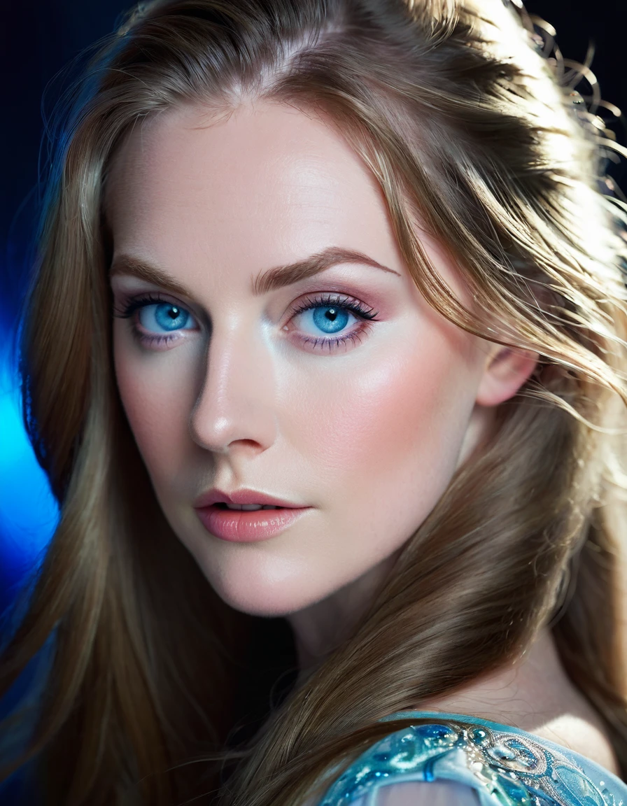 HIBRID FACE FROM Danielle Chuchran AND ANITA ECKBERG, CLOSE-UP FACESHOT, HUGE LONG HAIR, HIGH CHEEKBONES, ROSY SKIN, VERY PALE SKIN, EXPRESSIVE BLUE EYES, DARK BACKGROUND, DIFFUSED LIGHTS ON FACE, MASTER PIECE, ACCURATE IMAGE.