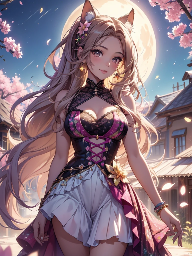 (best quality,4k,8k,highres,masterpiece:1.2),ultra-detailed,(realistic,photorealistic,photo-realistic:1.37),acrylic painting,beautiful Brazilian model in a Lolita dress with downy hair,beautiful Brazilian model with extremely colorful hair and detailed facial features,beautiful Brazilian model standing in a beautiful garden surrounded by a starry sky,brown hair,beautiful Brazilian model wearing a vibrant Lolita dress,beautiful Brazilian model with intricate accessories,cat ears,beautiful Brazilian model posing gracefully with her hands on her hips,beautiful Brazilian model with long flowing twintails,beautiful Brazilian model with bright brown eyes and rosy lips,beautiful Brazilian model with a joyful expression,beautiful Brazilian model in a dynamic pose with cherry blossoms falling around her,beautiful Brazilian model surrounded by colorful flowers and butterflies,beautiful Brazilian model's dress adorned with cute bows and lace details,beautiful Brazilian model with an enchanting smile,beautiful Brazilian model with soft, pastel-colored shading,beautiful Brazilian model with a magical glow illuminating her,beautiful Brazilian model in a picturesque setting with a winding path leading to a magnificent castle,beautiful Brazilian model sitting down,beautiful Brazilian model with a fairytale-like background,beautiful Brazilian model with a soft, dreamy atmosphere,beautiful Brazilian model with a subtle bokeh effect,beautiful Brazilian model standing under a moonlit sky,beautiful Brazilian model with a warm, golden sunset in the background,beautiful Brazilian model surrounded by twinkling stars and colorful nebulae,creating an ethereal and captivating artistic masterpiece.
