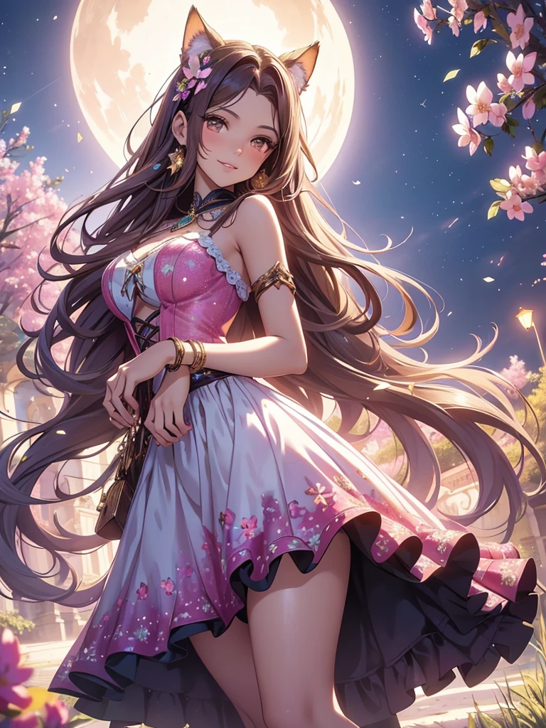 (best quality,4k,8k,highres,masterpiece:1.2),ultra-detailed,(realistic,photorealistic,photo-realistic:1.37),acrylic painting,beautiful Brazilian model in a Lolita dress with downy hair,beautiful Brazilian model with extremely colorful brown hair and detailed facial features,beautiful Brazilian model standing in a beautiful garden surrounded by a starry sky,brown hair,beautiful Brazilian model wearing a vibrant pink and teal Lolita dress,beautiful Brazilian model with intricate accessories,cat ears,beautiful Brazilian model posing gracefully with her hands on her hips,beautiful Brazilian model with long flowing twintails,beautiful Brazilian model with bright brown eyes and rosy lips,beautiful Brazilian model with a joyful expression,beautiful Brazilian model in a dynamic pose with cherry blossoms falling around her,beautiful Brazilian model surrounded by colorful flowers and butterflies,beautiful Brazilian model's dress adorned with cute bows and lace details,beautiful Brazilian model with an enchanting smile,beautiful Brazilian model with soft, pastel-colored shading,beautiful Brazilian model with a magical glow illuminating her,beautiful Brazilian model in a picturesque setting with a winding path leading to a magnificent castle,beautiful Brazilian model with a fairytale-like background,beautiful Brazilian model with a soft, dreamy atmosphere,beautiful Brazilian model with a subtle bokeh effect,beautiful Brazilian model standing under a sunny sky,beautiful Brazilian model with a warm, golden sunset in the background,beautiful Brazilian model surrounded by twinkling stars and colorful nebulae,creating an ethereal and captivating artistic masterpiece, sitting down.