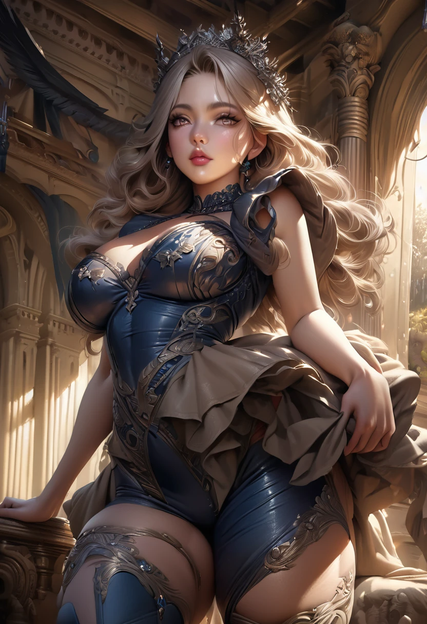 (high quality,8k,extremely detailed girls,masterpiece:1.2),ultra-detailed,(realistic,photorealistic,photo-realistic:1.37),beautiful princess,beautiful detailed lips,extremely detailed eyes and face,curvy voluptuous figure,tight fitting clothes,thicc,intricate,exquisite,elegant,cinematic lighting,dramatic colors,chiaroscuro,fantasy,digital painting,concept art