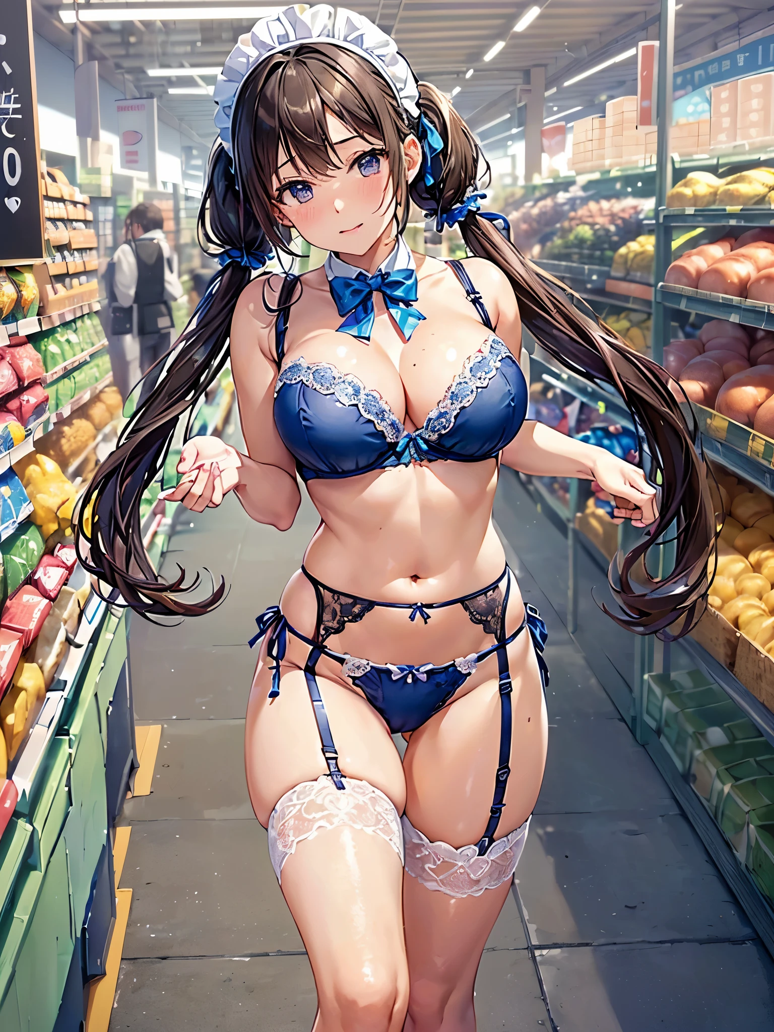 (((masterpiece, Highest quality, High resolution, 超High resolution, Perfect Pixel, Depth of written boundary, 4K, RTTX 10.0))), Beautiful Anime Woman, Beautiful art style, Anime characters, ((Smooth texture, Realistic texture, Anime CG Style)), Perfect and accurate finger count、Exact number of legs、(Exact number of arms:1.0, Exact number of hands:1.0), (Perfect hands, Perfect Anatomy), Cinematic, Realistic, Extremely detailed CG, Daytime lighting, Perfect lighting, Best Shadow, The best natural light, whole body, Perfect body, バランのとれたPerfect body, Perfectly balanced style, Soft body, Slender body, ((bangs, Dark brown hair, Twin tails, High Up)), ((A cute adult woman is walking towards me:1.8)), ((Bow tie around neck:1.3), (Sexy and cute blue underwear:1.3), (Stylish shiny blue satin panties, Side-tie panties, Panties with plain blue center and lace decoration on the sides, Thin panties:1.4), (Blue micro lace satin bra, Blue bra with large lace trim around the edges, Thin bra:1.4), (lace garter belt, Garter Strings, Knee socks:1.3):1.3), (Beautiful big boobs:1.1), (Embarrassed expression:1.7), blush, (supermarket, Merchandise Shed, aisle, Many visitors in the background, Inside the crowded store:1.7), naked, In underwear, (Frilly maid headband:1.2), Angle from the front