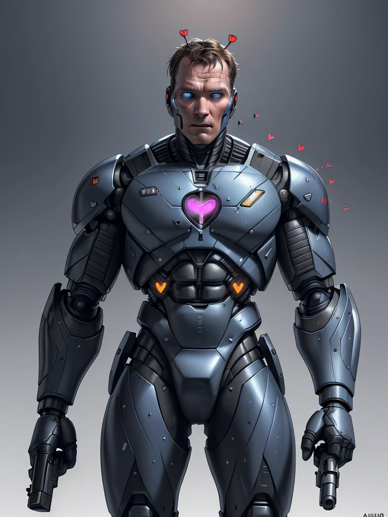 (((textured skin, accurate, uhd, high details, 8k))), One man, ((Robocop, In 1987, Alex Murphy, cyborg)), ((The face below the nose is flesh)), ((Holding a gun:1.3)), ((I can see the heart:1.3))