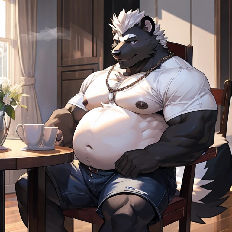 solo, anthro, furry, furry male, skunk,((short fur,furry, shaggy fur, opaque fur)), (skunk print), black pupils, white sclera, black body, black fur, black muzzle, black fur on face, indigo eye, big skunk tail, detailed fur, detailed face, detailed eyes, (red t-shirt, red spiky armband, tight jean shorts), dining room, apartment, (by null-ghost,by raccoon21, masterpiece, high quality, hi-res, 8k, hd, dark), sitting, wooden chair, table, looking at viewer, day, gentle expression, musclegut skunk man, muscular, big belly, fat belly, obese belly, pillowy pectorals, soft pectorals, big pectorals, weight-lifter build, broad shoulders, black fur, indigo eyes, black nipples, pierced nipples, pink pawpads, mid 30s, relaxed, lazy, indigo smoke, Mohawk, no accessories, no necklaces