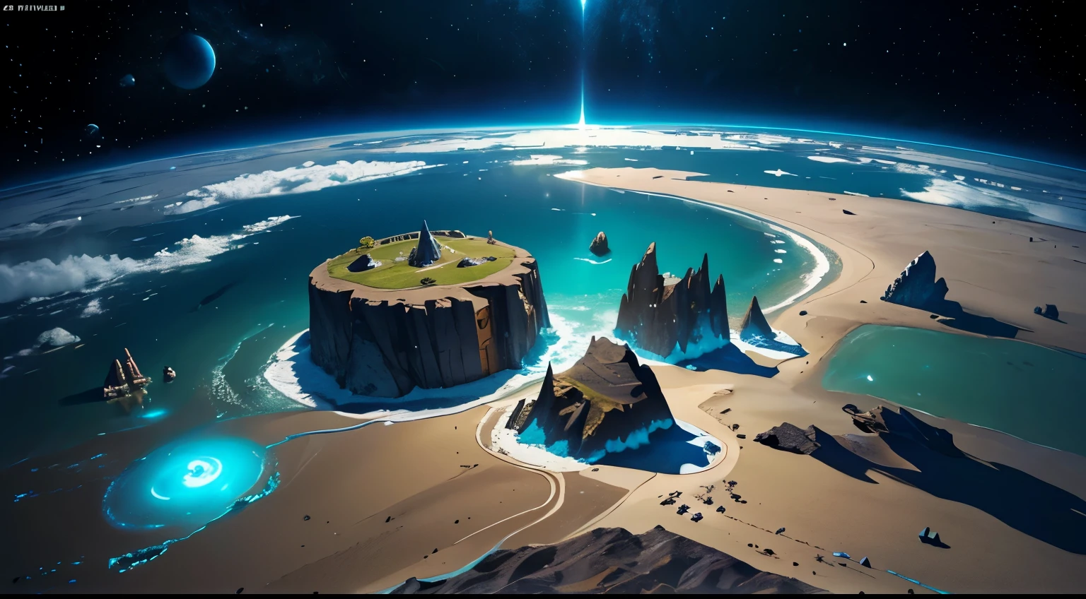 space strategy 4x like Sid Meier's Civilization main gameplay screen with GUI planet surface many building rocks and mountains sand and sea rocky surface of the abandoned planet vulcanos and lava rivers