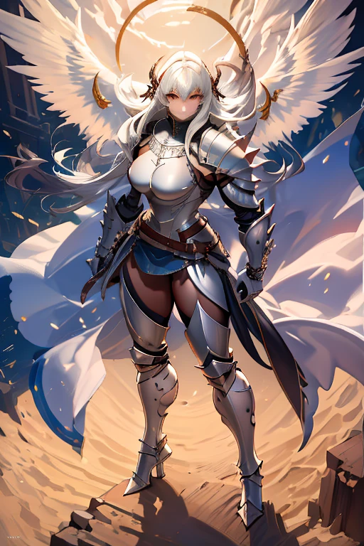 ((((Massive, tall, beautiful, buff, muscular light brown skinned female knight with yellow hair, black lipstick, huge angle wings, ginormous bulky muscles, holding a sword and shield and wearing an all yellow gleaming knight armor with hauberk and pants)))), {close view}, black eyeliner, massive muscles, massive biceps, hyper muscle triceps, (long flowing hair), gray eyes, giant angel wings, knight boots, In a castle, (hauberk pants), steel knight armor, armor breastplate, nighttime, confident smile, hyper muscles arms, hyper muscle legs, ginormous arms