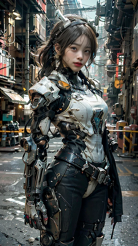 ((best quality)), ((masterpiece)), ((realistic)), (detailed), (photo-realistic:1.5), futuristic girl, (thick body), (white bodysuit), lights on armor, cybernetic headwear, looking at viewer, dynamic pose, post-apocalyptic, destroyed city background, buildings on fire, sci-fi, high resolution, ray tracing, nvidia, super resolution, unreal 5, subsurface scattering, pbr texturing, post processing, anisotropic filtering, depth of field, best sharpness and clarity, rule of thirds, 8k raw, (luminous particles:1.4), (extremely detailed cg, unity 8k wallpaper, 3d, cinematic lighting, lens flare), reflection, sharp focus, cyberpunk art, cyberpunk architecture, moisturized skin, realistic body, (16 years old), (girl), earrings, (cute face), vivid colors, bokeh, stimulating atmosphere, unique encounters, playful exchanges, lively crowds, wind blowing,