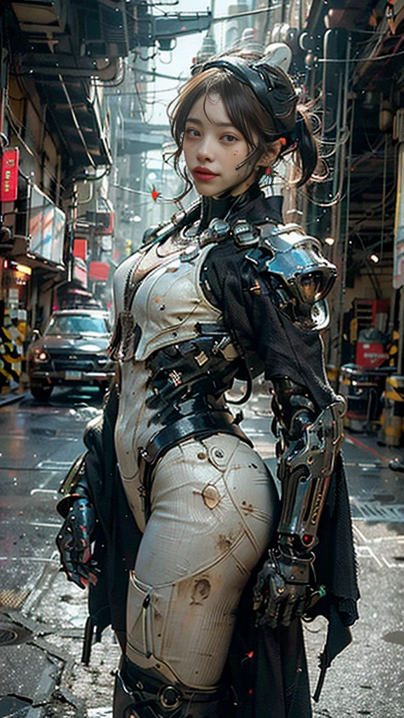 ((best quality)), ((masterpiece)), ((realistic)), (detailed), (photo-realistic:1.5), futuristic girl, (thick body), (white bodysuit), lights on armor, cybernetic headwear, looking at viewer, dynamic pose, post-apocalyptic, destroyed city background, buildings on fire, sci-fi, high resolution, ray tracing, nvidia, super resolution, unreal 5, subsurface scattering, pbr texturing, post processing, anisotropic filtering, depth of field, best sharpness and clarity, rule of thirds, 8k raw, (luminous particles:1.4), (extremely detailed cg, unity 8k wallpaper, 3d, cinematic lighting, lens flare), reflection, sharp focus, cyberpunk art, cyberpunk architecture, moisturized skin, realistic body, (16 years old), (girl), earrings, (cute face), vivid colors, bokeh, stimulating atmosphere, unique encounters, playful exchanges, lively crowds, wind blowing,