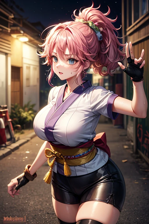 masterpiece, Highest quality,  Unreal Engine,  Super Resolution, Very detailed, 

Beautiful woman, machi, short kimono, (no hurisode), obi, sash, fingerless gloves, bike shorts, thighhighs,tabi, ponytail,hair_ornament, Vivid expression, Healthy Body, Smooth skin texture, Carefully drawn, 

(humidity:1.5), Beautiful Eyes, (Attractive face:1.2), (Beautiful Skin), Tight waist, (Big Breasts), (Sticky with sweat), Dynamic pose, 

In the world of Hunter Hunter, Outdoor, Slums at night,