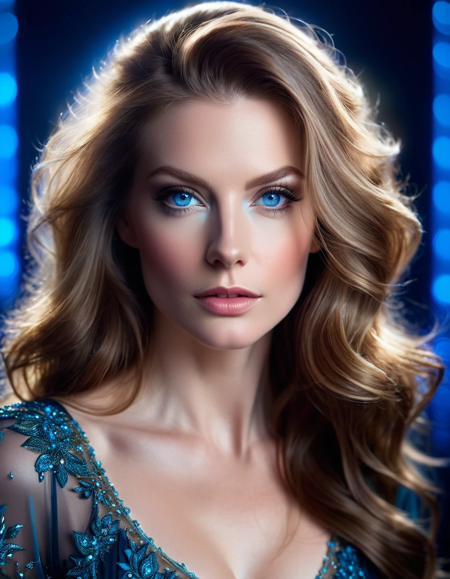 HIBRID FACE FROM Danielle Chuchran AND ANITA ECKBERG, CLOSE-UP FACESHOT, HUGE LONG HAIR, HIGH CHEEKBONES, ROSY SKIN, VERY PALE SKIN, EXPRESSIVE BLUE EYES, DARK BACKGROUND, BACKLIGHTS, DIFFUSED LIGHTS ON FACE, MASTER PIECE, ACCURATE IMAGE.