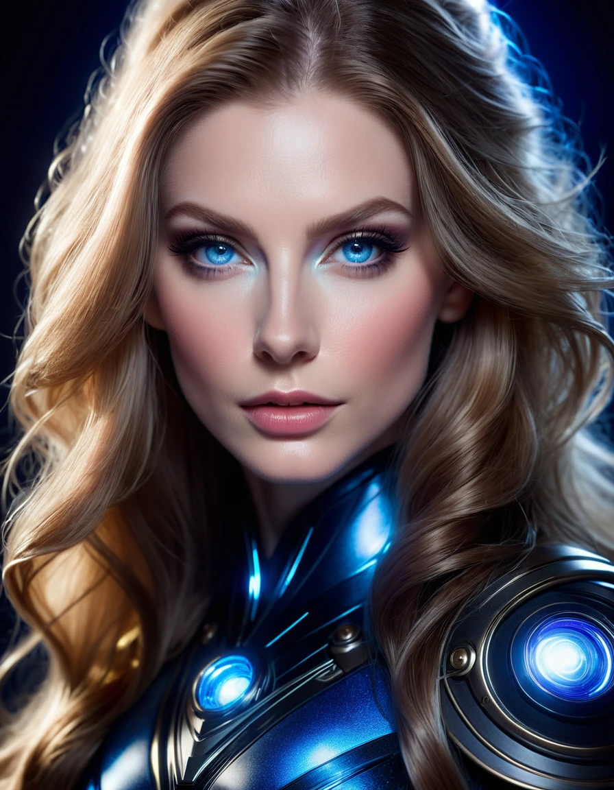 A cyborg woman in a futuristic biotech-inspired fashion, elegant and deadly, in the style of Aaron Horkey, detailed portrait, hyper realistic, cinematic lighting, moody colors, 8k, best quality, masterpiece, photorealistic