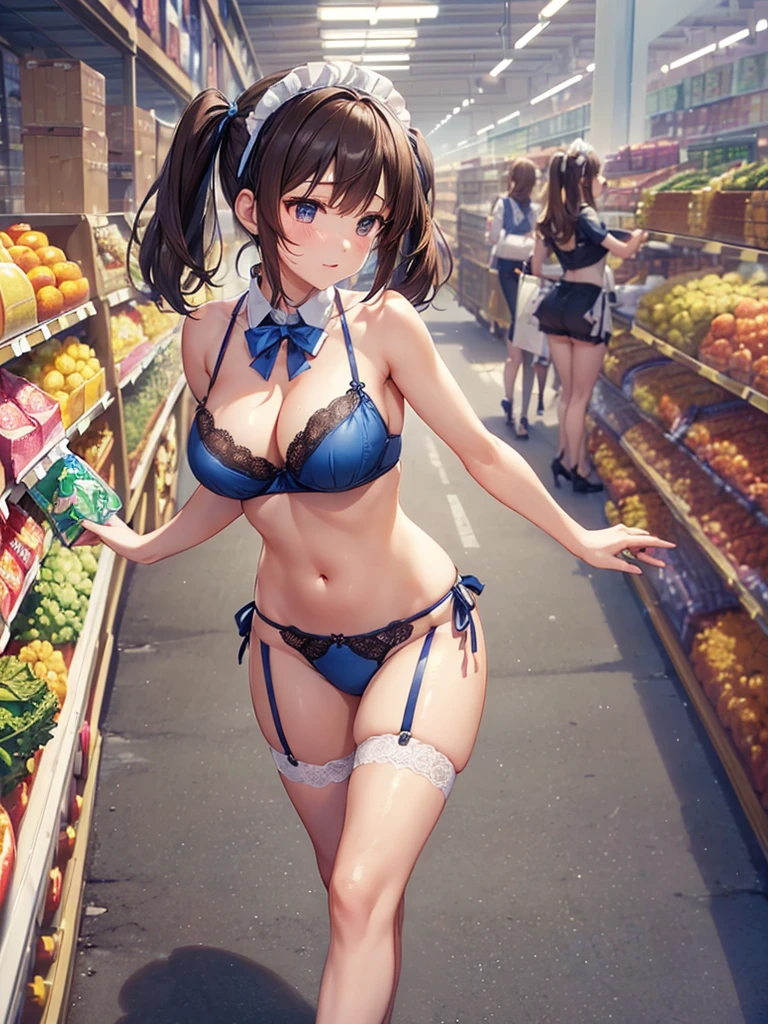 (((masterpiece, Highest quality, High resolution, 超High resolution, Perfect Pixel, Depth of written boundary, 4K, RTTX 10.0))), Beautiful Anime Woman, Beautiful art style, Anime characters, ((Smooth texture, Realistic texture, Anime CG Style)), Perfect and accurate finger count、Exact number of legs、(Exact number of arms:1.0, Exact number of hands:1.0), (Perfect hands, Perfect Anatomy), Cinematic, Realistic, Extremely detailed CG, Daytime lighting, Perfect lighting, Best Shadow, The best natural light, whole body, Perfect body, バランのとれたPerfect body, Perfectly balanced style, Soft body, Slender body, ((bangs, Dark brown hair, Twin tails, High Up)), ((A cute adult woman is walking towards me:1.8)), ((Bow tie around neck:1.3), (Sexy and cute blue underwear:1.3), (Stylish shiny blue satin panties, Side-tie panties, Panties with plain blue center and lace decoration on the sides, Thin panties:1.4), (Blue micro lace satin bra, Blue bra with large lace trim around the edges, Thin bra:1.4), (lace garter belt, Garter Strings, Knee socks:1.3):1.3), (Beautiful big boobs:1.1), (Embarrassed expression:1.7), blush, (supermarket, Merchandise Shed, aisle, Many visitors in the background, Inside the crowded store:1.7), naked, In underwear, (Frilly maid headband:1.2), Angle from the front
