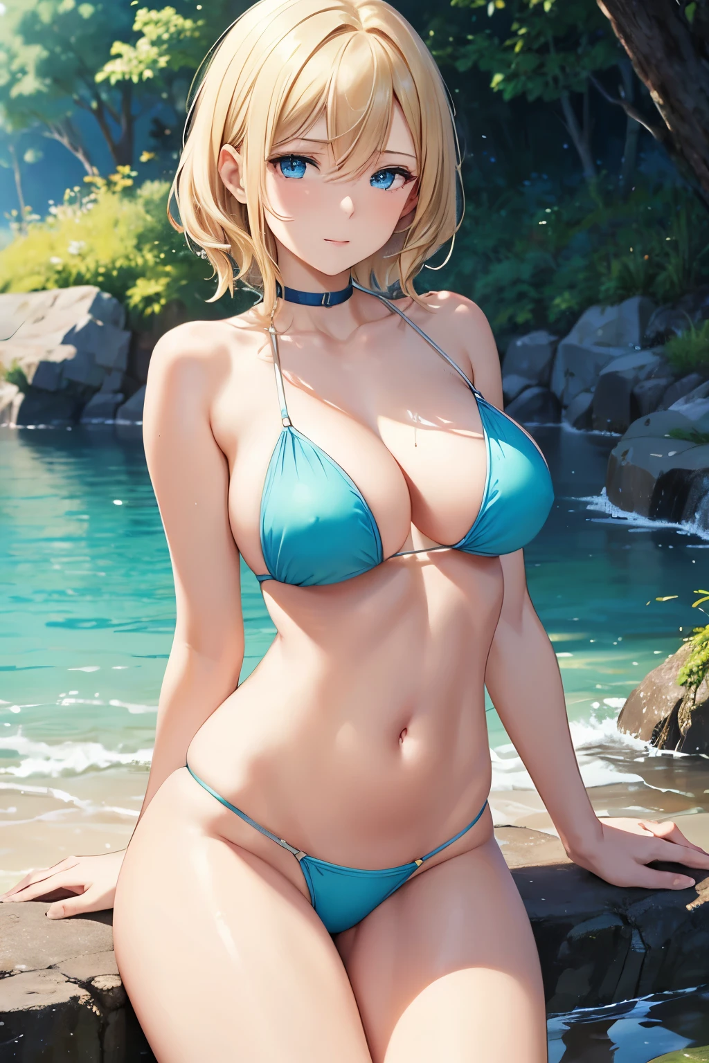 1girl, best quality, masterpiece, solo, bright expression, natural medium breast, elegant mature woman, cleavage, slim, thin, blonde reflected light, green bikini, beautiful big blue eyes, beautiful long face, gorgeous short straight shoulder-length blonde hair, hair curled outwards, shiny light hair, collarbone, silky shiny skin, see through nipple, high resolution, lying, perfect detailed anatomy, perfect arms, perfect fingers, navel, perfect beautiful body, lakeside, soft light