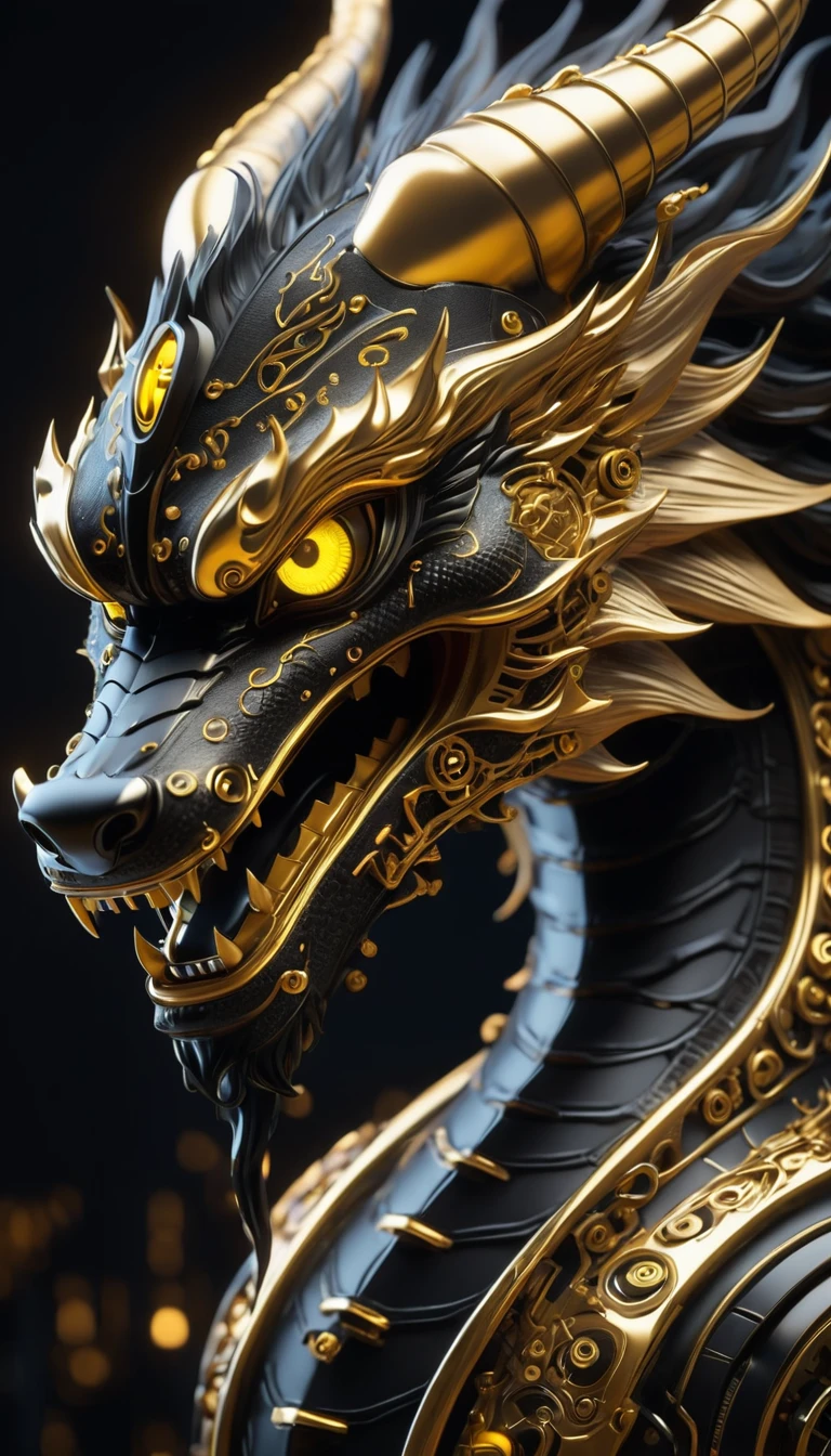 Sci-fi style,Mechanical Chinese Dragon,Smile,machine part,Gold and black,High Detail,Cyberpunk,high quality,Head close-up,Glowing eyes,Glowing lines,