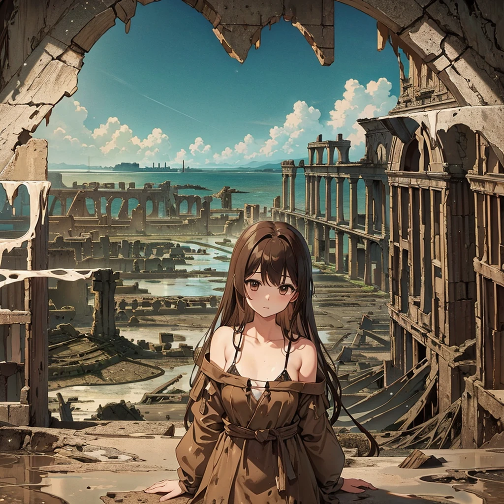 Best illustrations、Best Quality、(No humans、Background only)、((((Sea of mud、Brown Sea、ancient ruins))))