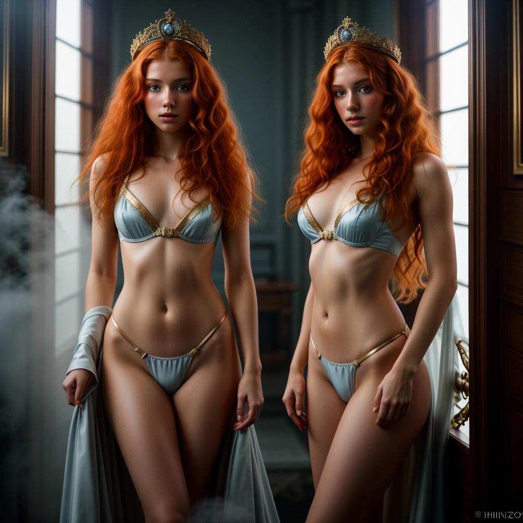 Nikon z 85mm, RAW, analog style, extremely detailed masterpiece photograph, hyper-detailed, front lit, 18th century 18 year old Russian Princess, goddess, ginger hair hair, ((ginger pubic hair)), , , fit, (slim skinny gorgeous body):1.5, Throne Room, gold and light blue lingerie, ((high detailed skin, skin details)), sharp focus, volumetric fog, 8k uhd, dslr, high quality, film grain, Glamour photography