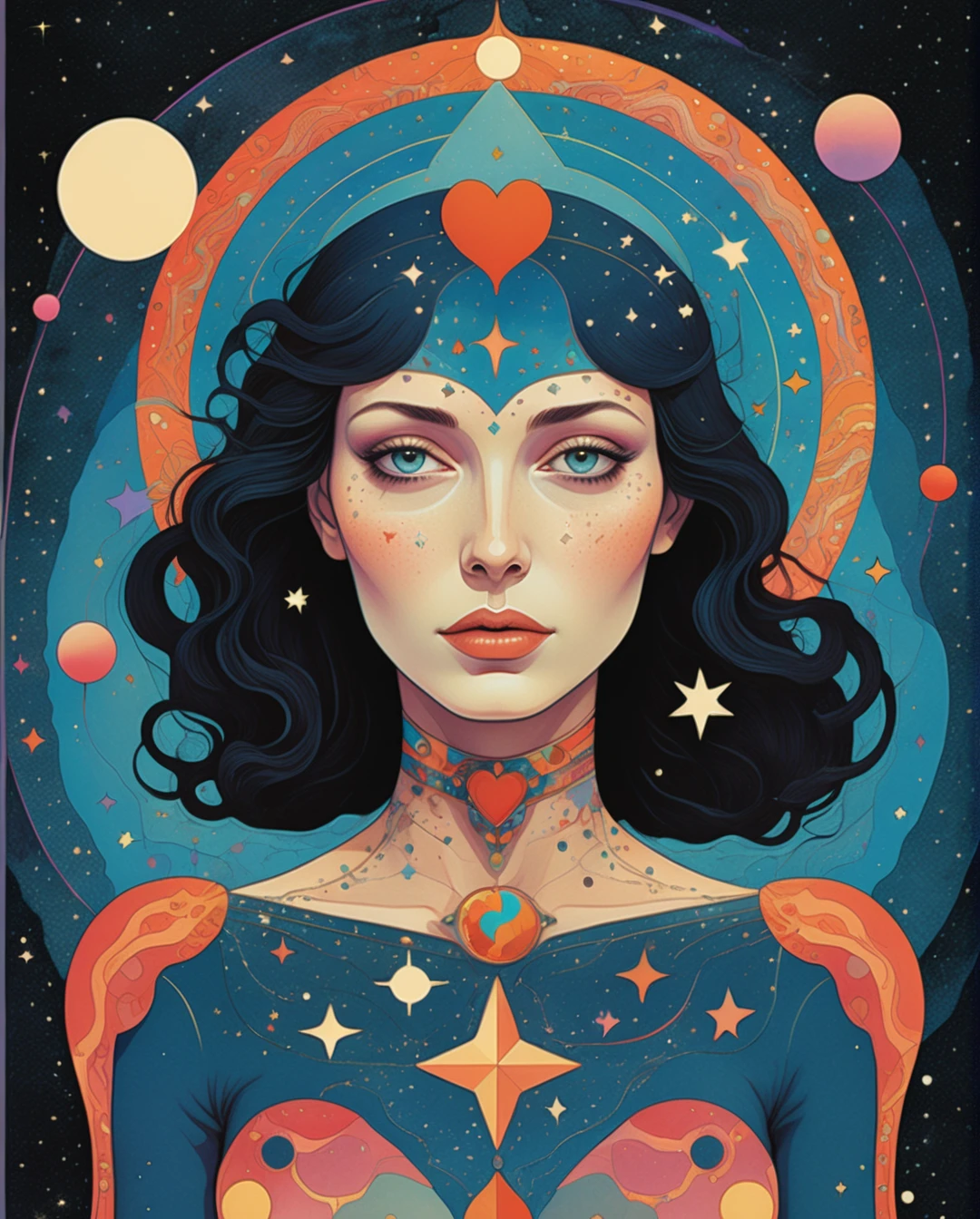 Mobis (Jean Giraud) Style - A picture by Jean Giraud Mobis, illustration of a woman depicting source of life with a heart and stars, in style of digital illustration, art deco of a space woman, procreate illustration, inspired by Milton Glaser, symmetrical tarot illustration, the lover tarot card, 3d grainy aesthetic illustration, dreamy illustration, retro psychedelic illustration, poster illustration, psychedelic illustration, muted flat surreal design, matte digital illustration