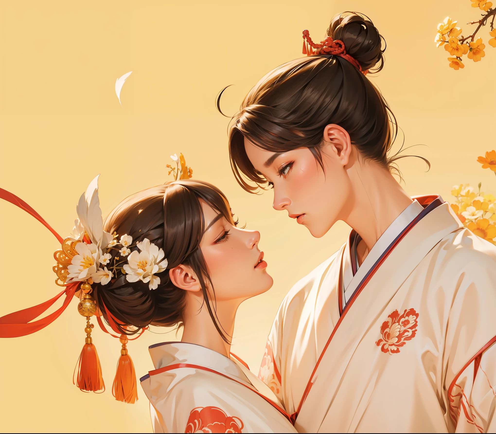(masterpiece, top quality, best quality, Extremely detailed details, Delicate facial features, official art, Light Effect, Beauty and aesthetics: 1.2, ) A couple wearing Hanfu, Cowherd and Weaver Girl, Onmyoji detailed art, Beautiful art UHD 4K, An expressive figure, Colorful numbers, Anime Abstract Art, Vibrant numbers, A beautiful artistic illustration, Chinese watercolor style, Japanese-style, Inspired by Sōami, Beautiful stroke rendering, Stunning numbers