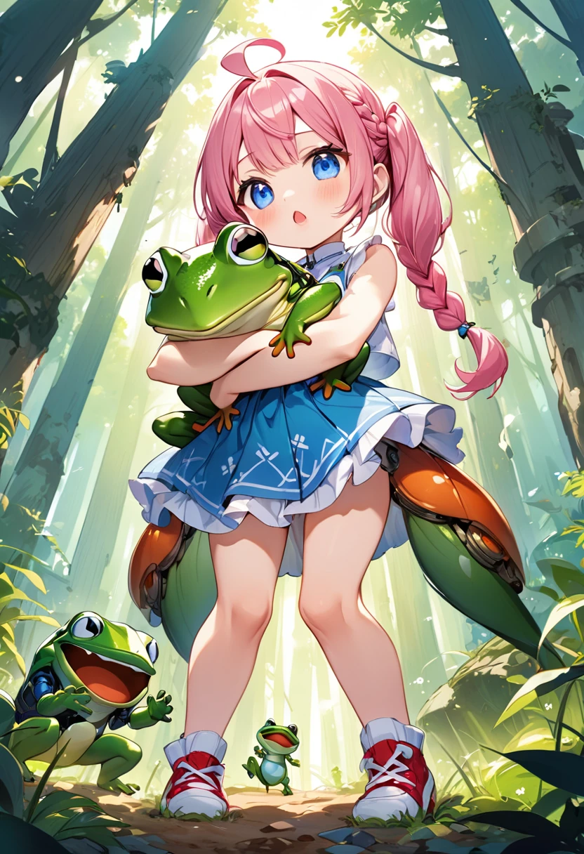 Highest quality、High resolution、Detailed Background、Beautiful face in every detail、Anatomically correct、Detailed facial expressions、fine grain、((full body, from below:1.8, front shot)), break　((A girl and a large mechanical frog face each other:1.2)、(Chibi Girl:1.2))、Cute hair color、Big beautiful blue eyes、Fuller lips、Pink Lips、Braided twin tails、Ahoge、(A girl is talking to a frog:1.2)、(Cute sleeveless summer clotheini skirt、Cute sneakers)、break　((Spread your legs、Stand with your back straight、((Cross your arms:1.2))))、(Get angry、Close your mouth、Determined look:1.2)、break　(The background is an ancient ruin、in the forest、((Bad big mechanical frog:1.2)))