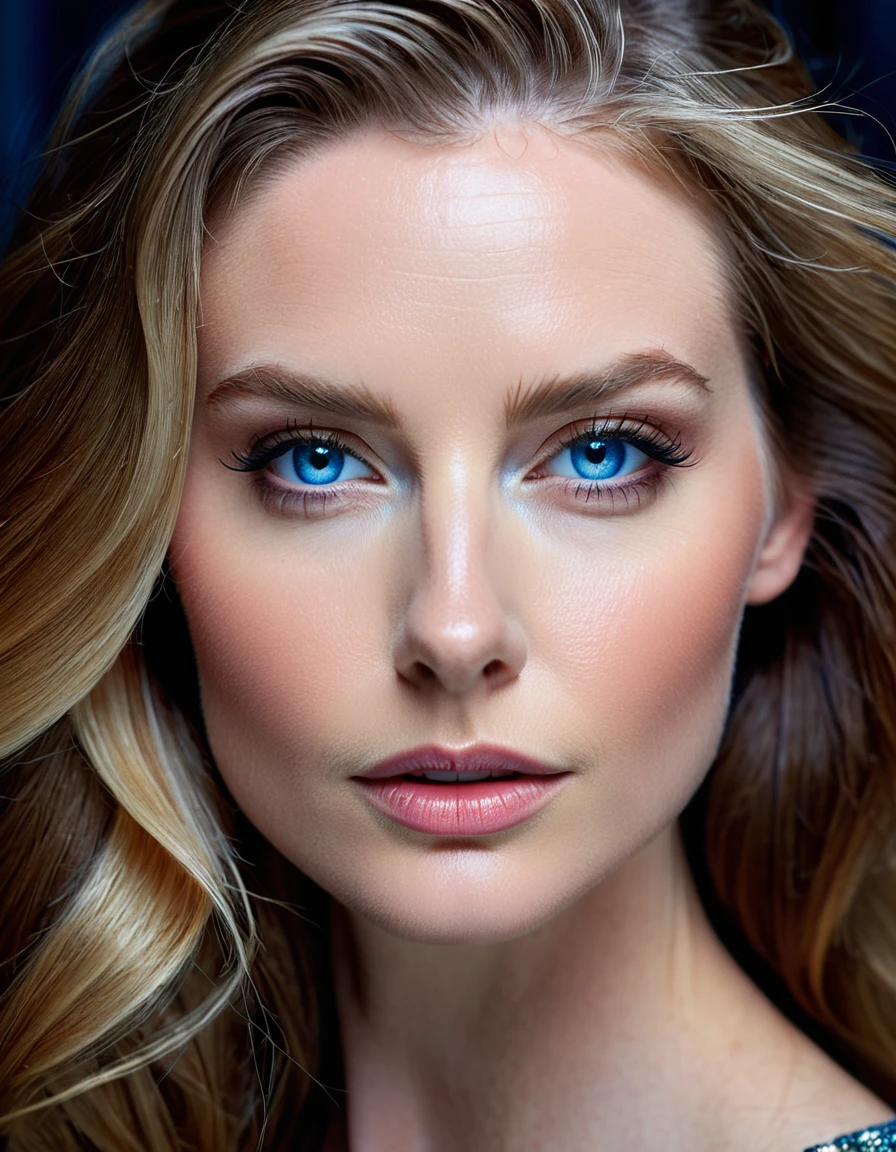 HIBRID FACE FROM DANIELLE CHUCHRAN AND ANITA ECKBERG, CLOSE-UP FACESHOT, HUGE LONG HAIR, HIGH CHEEKBONES, ROSY SKIN, VERY PALE SKIN, EXPRESSIVE BLUE EYES, DARK BACKGROUND, DIFFUSED LIGHTS ON FACE, MASTER PIECE, ACCURATE IMAGE.