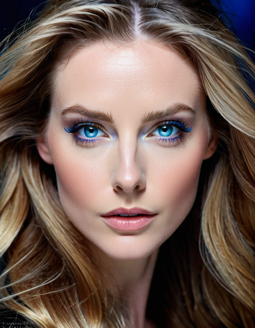 HIBRID FACE FROM DANIELLE CHUCHRAN AND ANITA ECKBERG, CLOSE-UP FACESHOT, HUGE LONG HAIR, HIGH CHEEKBONES, ROSY SKIN, VERY PALE SKIN, EXPRESSIVE BLUE EYES, DARK BACKGROUND, DIFFUSED LIGHTS ON FACE, MASTER PIECE, ACCURATE IMAGE.