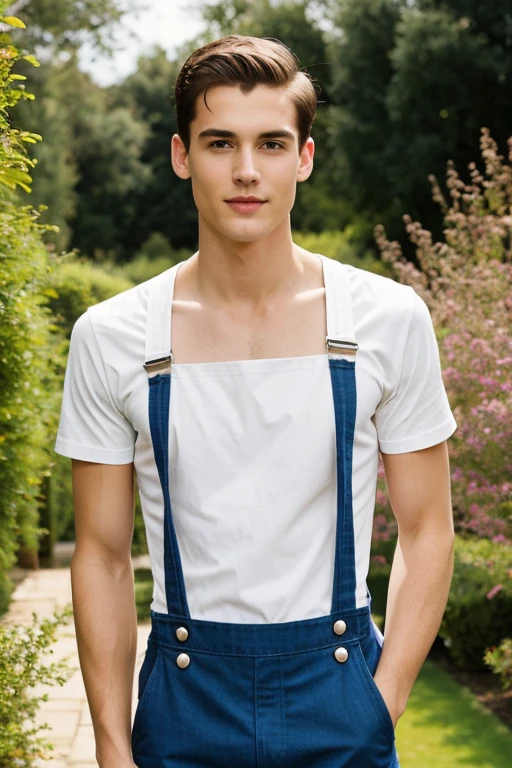 Young handsome cute beautiful skinny white face without shirt with short overalls in a nice garden