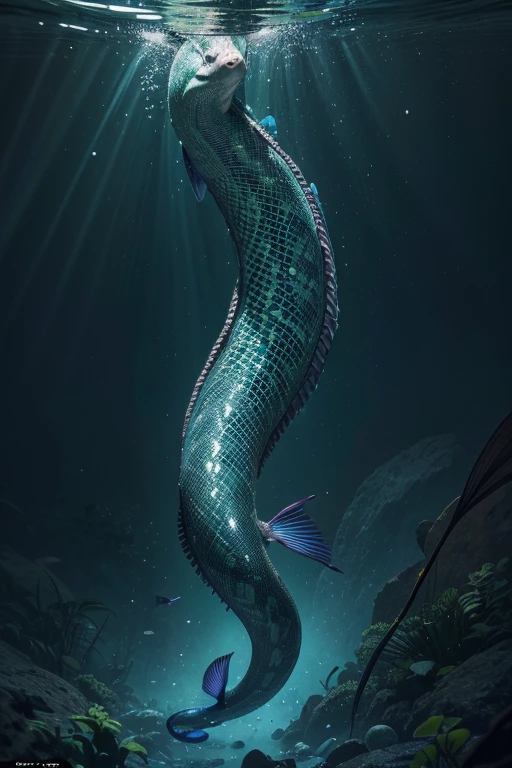 The Serpentebossa has a long, serpentine body, covered in iridescent scales ranging from green to blue. Its head is flat and resembles that of a water snake., with large eyes adapted for underwater vision. It has long, flexible dorsal and ventral fins, which aid in propulsion through water and stability while hunting.
