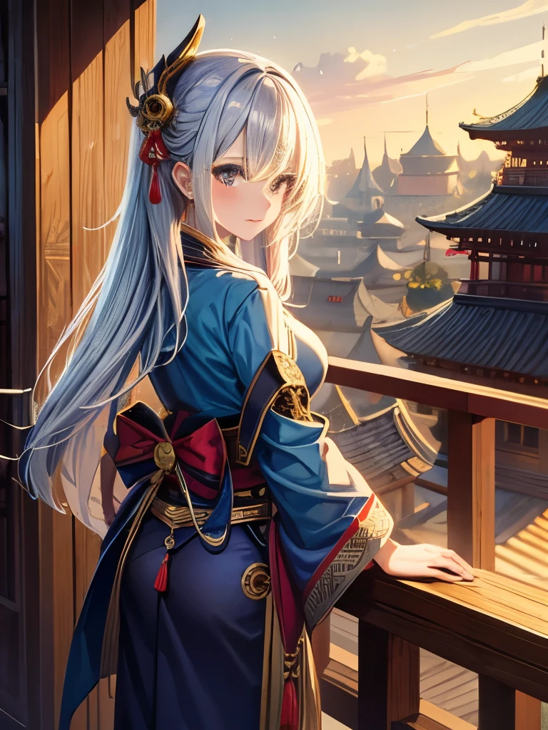 (Highest quality), girl,Oriental detailed background, Oriental cityscape, steampunk, Shrine maiden