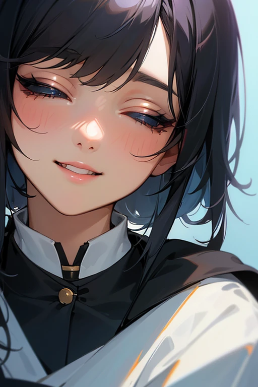 (Highest Resolution, clear_image) Highest quality, single, One Woman, alone, masterpiece, Very detailed, Semi-realistic, Black Hairのショートヘア, Black Hair, bangs, 18-year-old, mature, light blue uniform,Indoor Background, kind, Authoritative, Powerful, exquisite features, Eyelashes become longer、Showing teeth、smile😀、Maid clothes、reference、Put your hands on your hippie skirt、((Kiss with your eyes closed)).((Face close-up)).((solo))