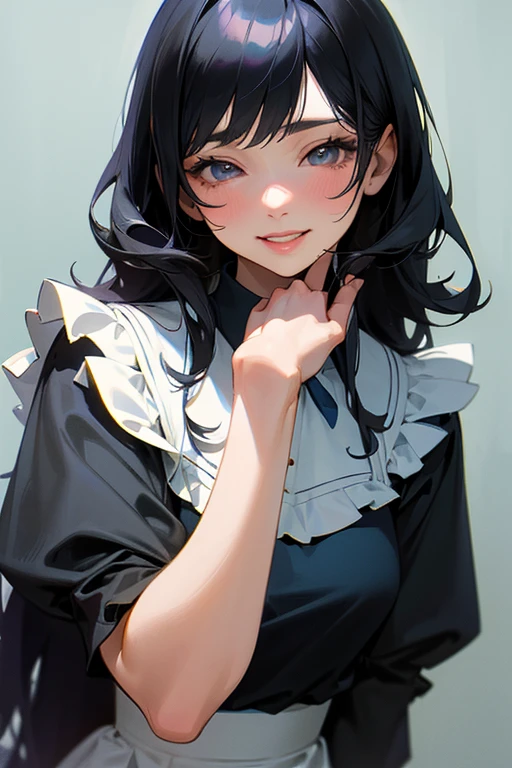 (Highest Resolution, clear_image) Highest quality, single, One Woman, alone, masterpiece, Very detailed, Semi-realistic, Black Hairのショートヘア, Black Hair, bangs, 18-year-old, mature, light blue uniform,Indoor Background, kind, Authoritative, Powerful, exquisite features, Eyelashes become longer、Showing teeth、smile😀、Maid clothes、reference、Put your hands on your hippie skirt、((Kiss with your eyes closed)).((Face close-up)).((solo))