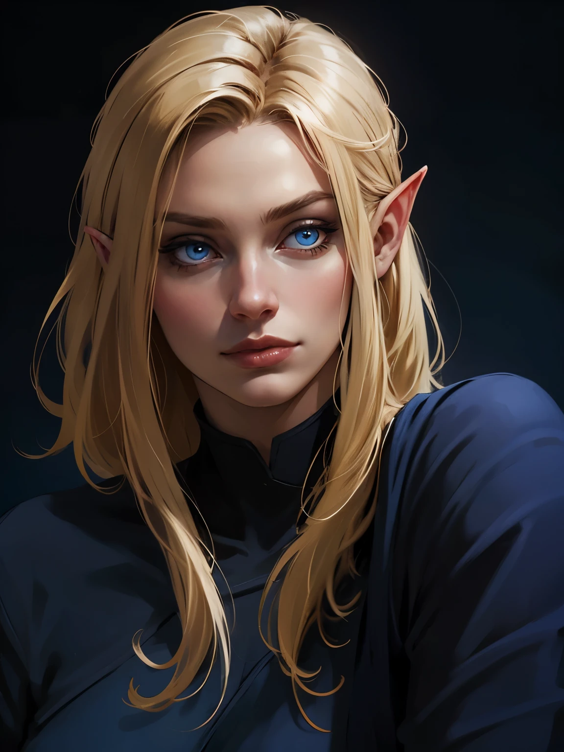 beautiful blond elven woman in her 30s, with blue eyes and striking features, exuding maturity and allure in a seductive pose.(dark-blue background), pointy ears, glowing eyes, beauty, blond long hair,blond short hair ,blond medium hair ,an14