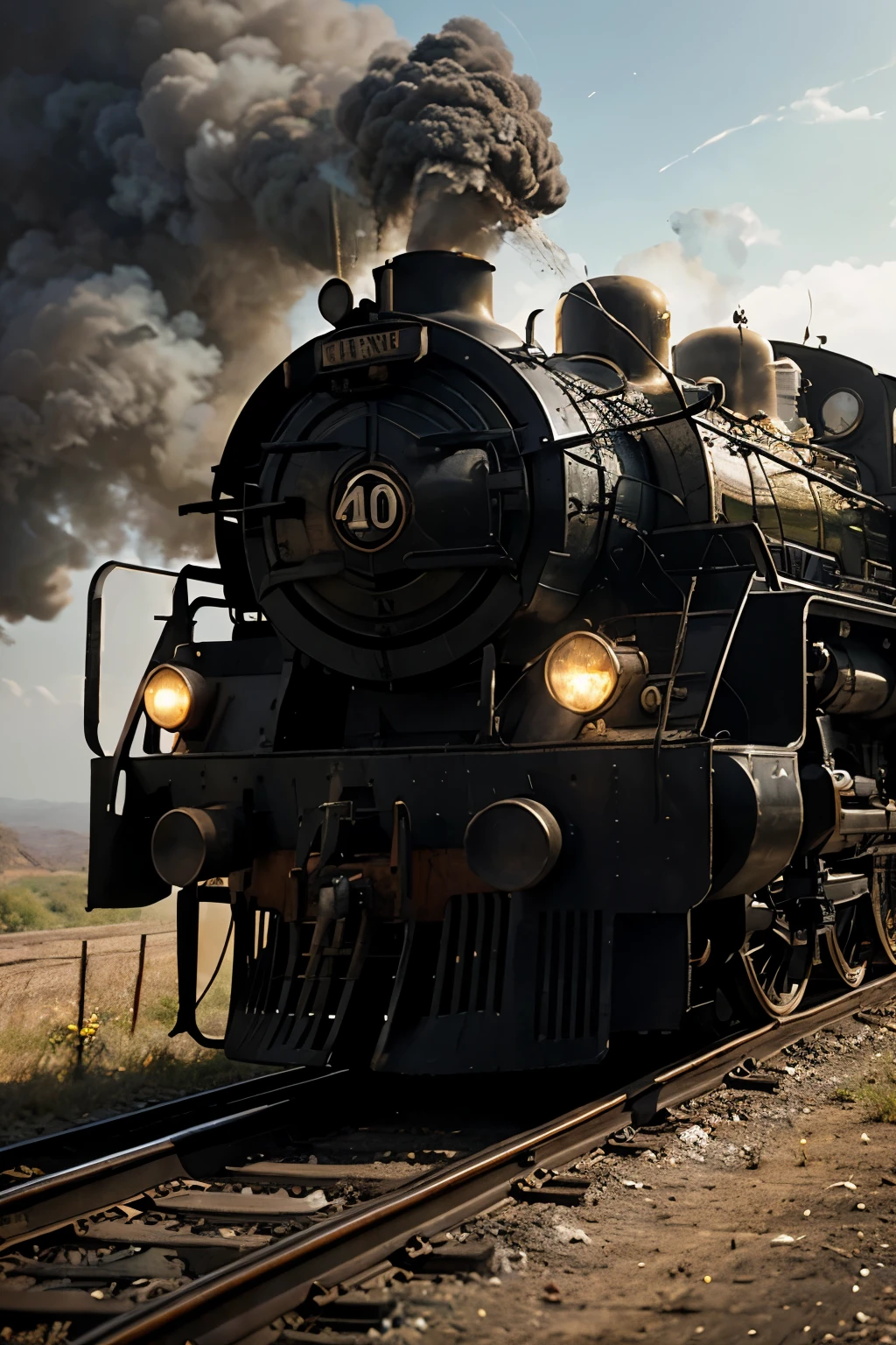 Picture prompt: A cinematic, high-definition image of a vintage steam train, with an intricate and detailed design. The train is in motion, producing a thick plume of steam that gently billows into the air, leaving a trail of white vapor behind it. The word "Steam" is clearly visible, elegantly embossed on the front of the train in bold, golden letters. The overall mood is nostalgic and evokes a sense of adventure and bygone era. The depth of field is shallow, keeping the train in sharp focus while artfully blurring the distant landscape. The image exudes a high-budget, epic quality, reminiscent of a classic Hollywood film. The train