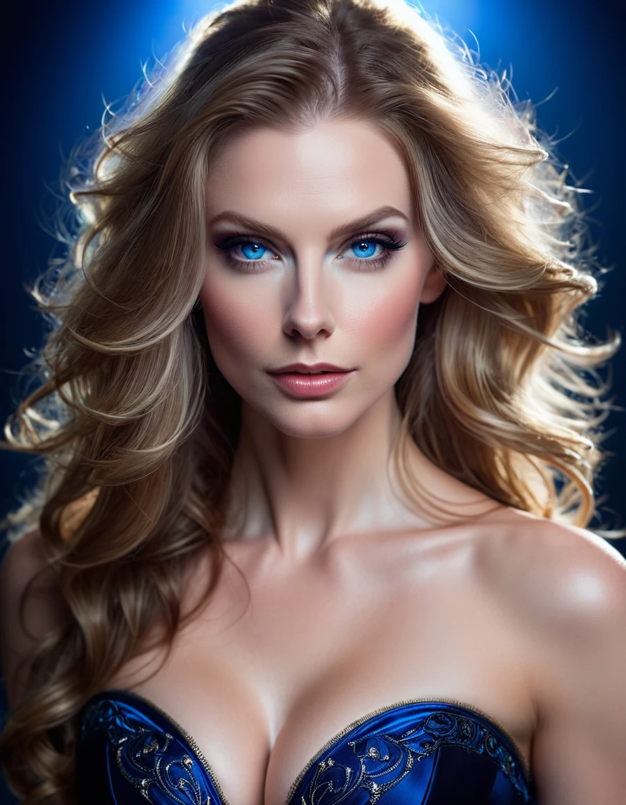 HIBRID FACE FROM DANIELLE CHUCHRAN AND ANITA ECKBERG, CLOSE-UP FACESHOT, HUGE LONG HAIR, HIGH CHEEKBONES, ROSY SKIN, METAL FORAMEN, VERY PALE SKIN, EXPRESSIVE BLUE EYES, STRAPLESS CLEAVAGE, DARK BACKGROUND, BACKLIGHTS, DIFFUSED LIGHTS ON FACE, MASTER PIECE, ACCURATE IMAGE.