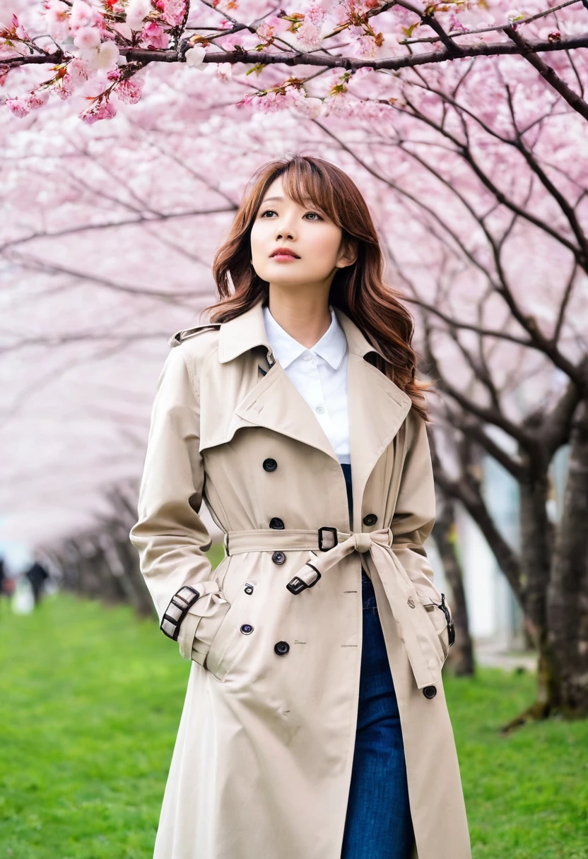 Beautiful woman on her side、Looking up at cherry blossoms、semi-long、trench coat