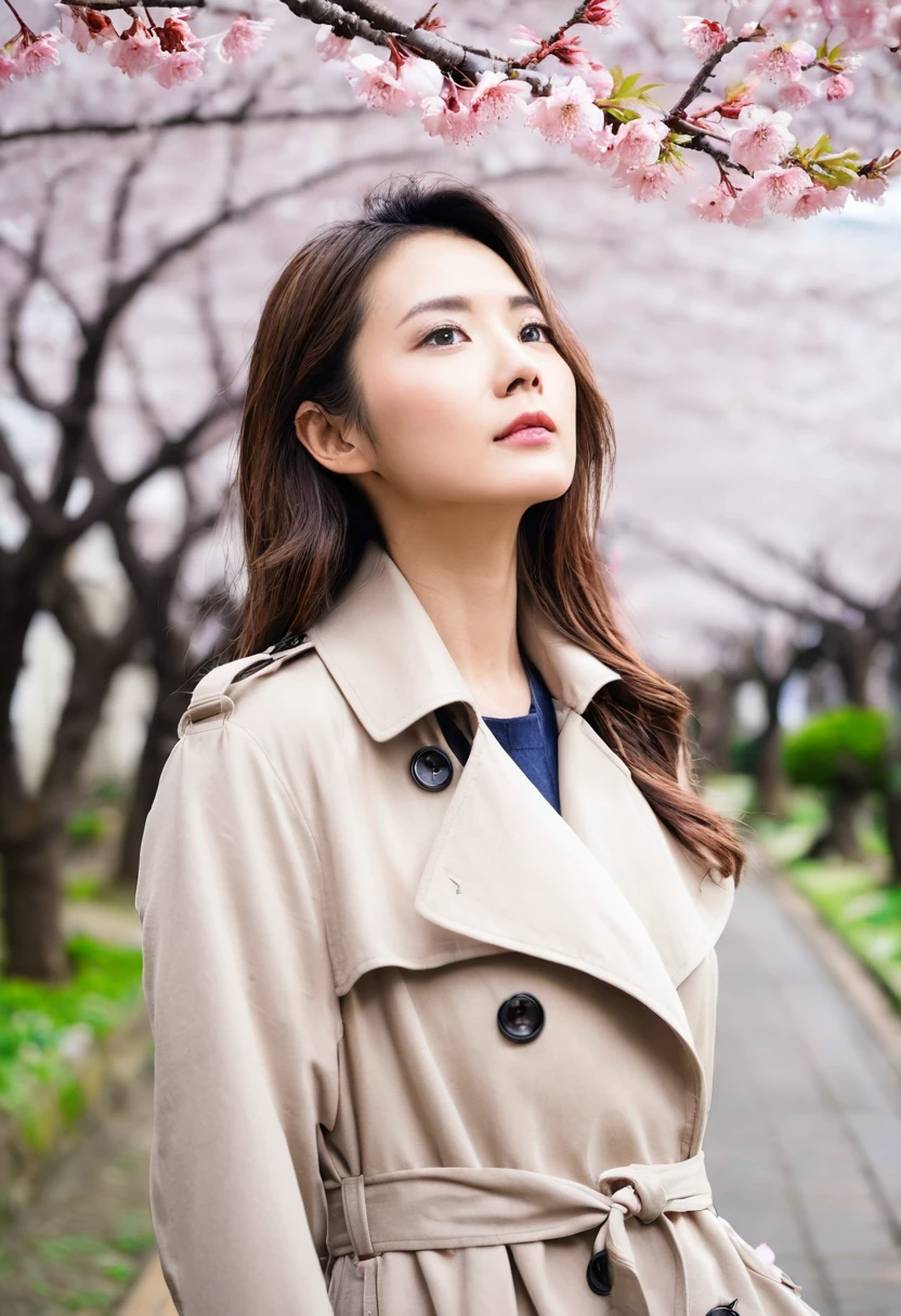 Beautiful woman on her side、Looking up at cherry blossoms、semi-long、trench coat