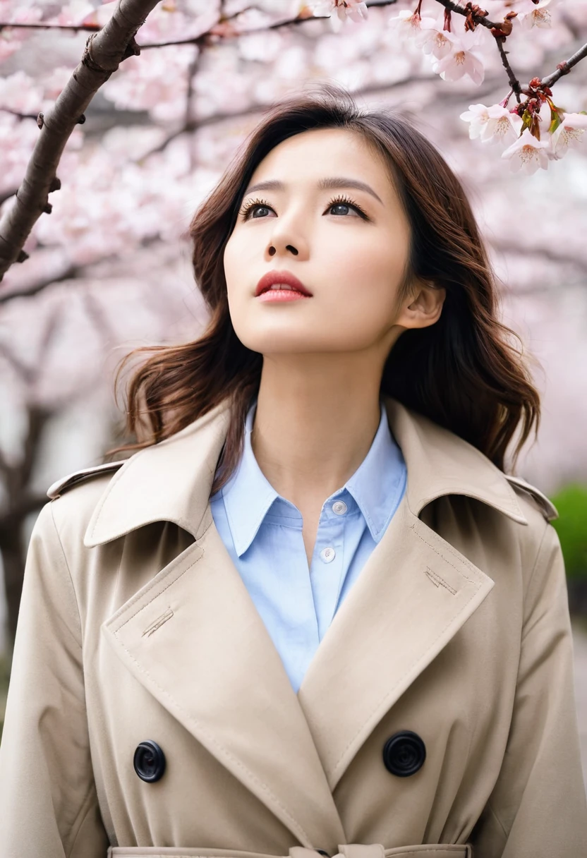 Beautiful woman on her side、Looking up at cherry blossoms、semi-long、trench coat