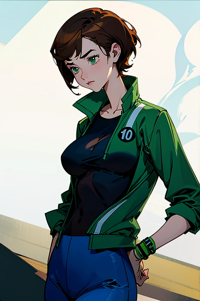 ((illustration)), (best quality)), ((masterpiece)), (detailed), benuaf, 1girl, brown hair, blue pants, green jacket, bmb-fc, huge breasts, short hair, 