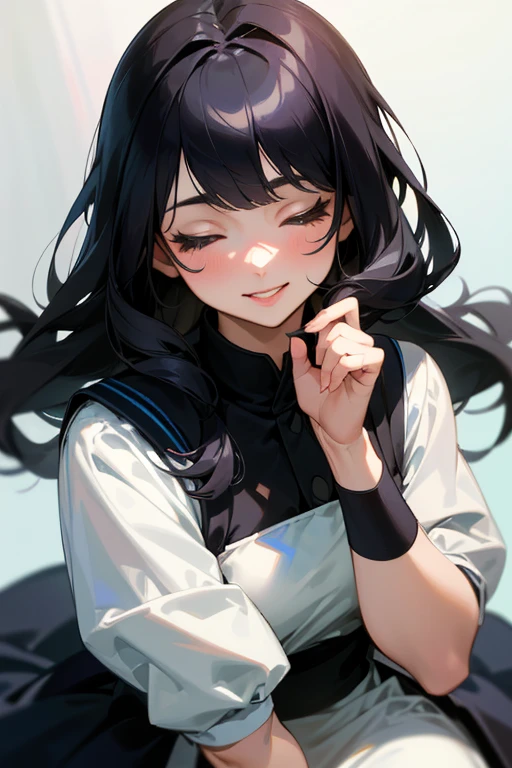 (Highest Resolution, clear_image) Highest quality, single, One Woman, alone, masterpiece, Very detailed, Semi-realistic, Black Hairのショートヘア, Black Hair, bangs, 18-year-old, mature, light blue uniform,Indoor Background, kind, Authoritative, Powerful, exquisite features, Eyelashes become longer、Showing teeth、smile😀、Maid clothes、reference、Put your hands on your hippie skirt、((Kiss with your eyes closed)).((Face close-up)).((solo))