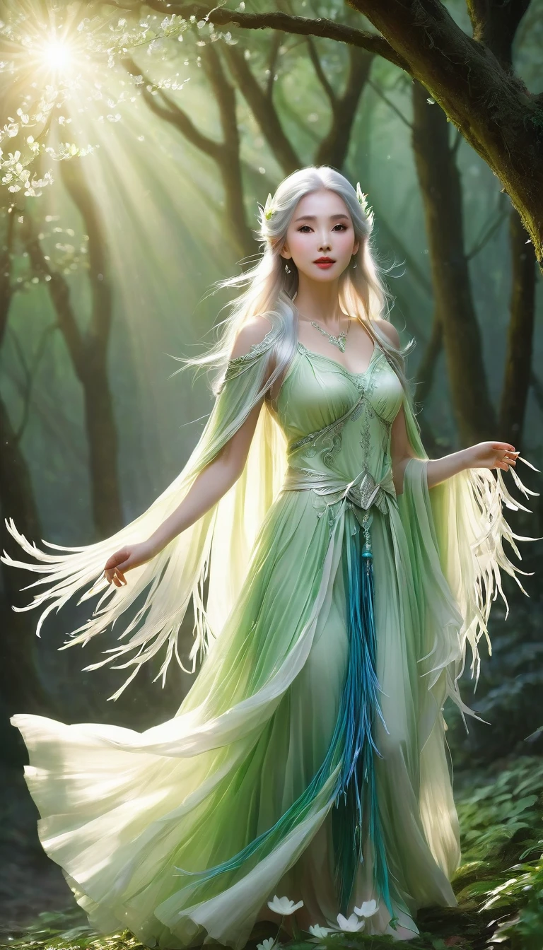 In a deep forest，The sun shines through the leaves onto the ground，Create a mysterious and peaceful atmosphere。In the middle of this quiet natural background，A noble and elegant female elf appeared。
She has long silver hair.，Each strand of hair sways gently in the breeze like a fine silver thread.。Her skin is as white as snow，Glowing，It was as if the first rays of spring morning sunshine were shining on her，Add a layer of mysterious and warm glow to her。
The elf woman is wearing a light green dress decorated with tassels，The skirt flutters gently with her graceful steps。A cape woven from blue and green feathers draped over her shoulders，Each feather emits a subtle glow，It was as if the dew in the morning forest sparkled around her。
She raised her hand gracefully，A dreamy flower composed of tiny light spots and petals is suspended in the hand.，The flowers emit a faint but intoxicating glow，As if it is a symbol of her mysterious power。At her feet，A small and smart white elf rabbit jumps happily，Accompany her，Adds a lively and happy atmosphere。
