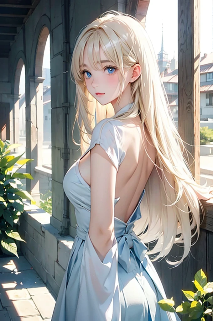 Beautiful white and shining skin、Blonde hair changes color depending on how the light hits it.、Long bangs obstruct the view、Highlights of cheek luster、Sexy, very beautiful, adorable, cute, gorgeous face、The most beautiful face in the world、Super long and gorgeous blonde hair、Smooth straight hair、big, light blue eyes shimmering、Beautiful Bangs、Beautiful and cute 16 year old girl、look back、small breasts, cleavage, from backside:1.4, background:GB