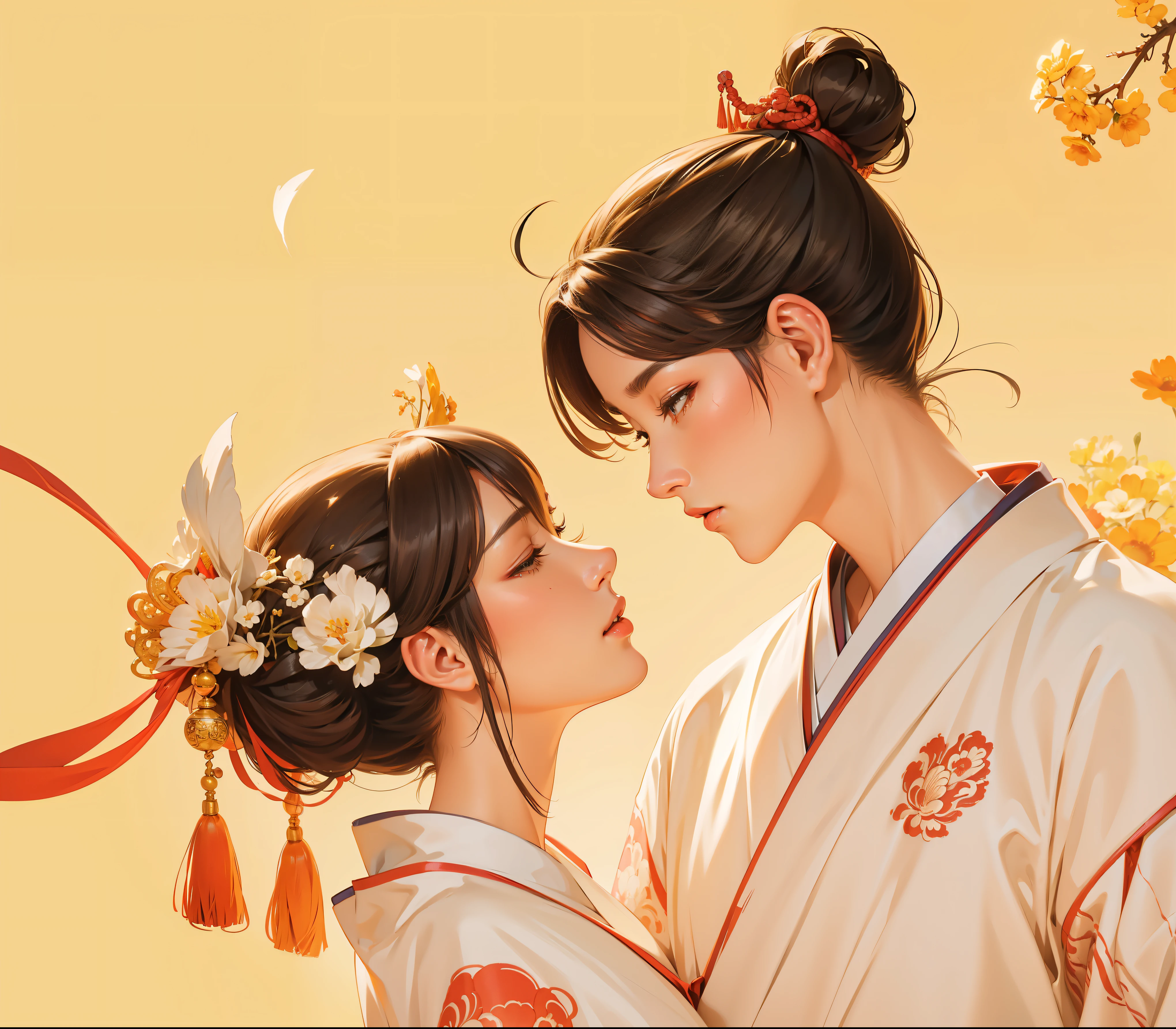(masterpiece, top quality, best quality, Extremely detailed details, Delicate facial features, official art, Light Effect, Beauty and aesthetics: 1.2, ) A couple wearing Hanfu, Cowherd and Weaver Girl, Onmyoji detailed art, Beautiful art UHD 4K, An expressive figure, Colorful numbers, Anime Abstract Art, Vibrant numbers, A beautiful artistic illustration, Chinese watercolor style, Japanese-style, Inspired by Sōami, Beautiful stroke rendering, Stunning numbers